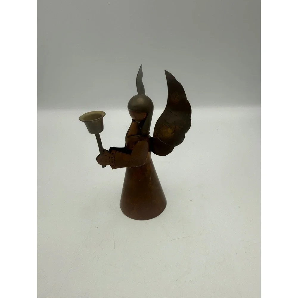 Vintage Copper Brass Angel Candle Holder Folk Art Metal Figurine Christmas Decor